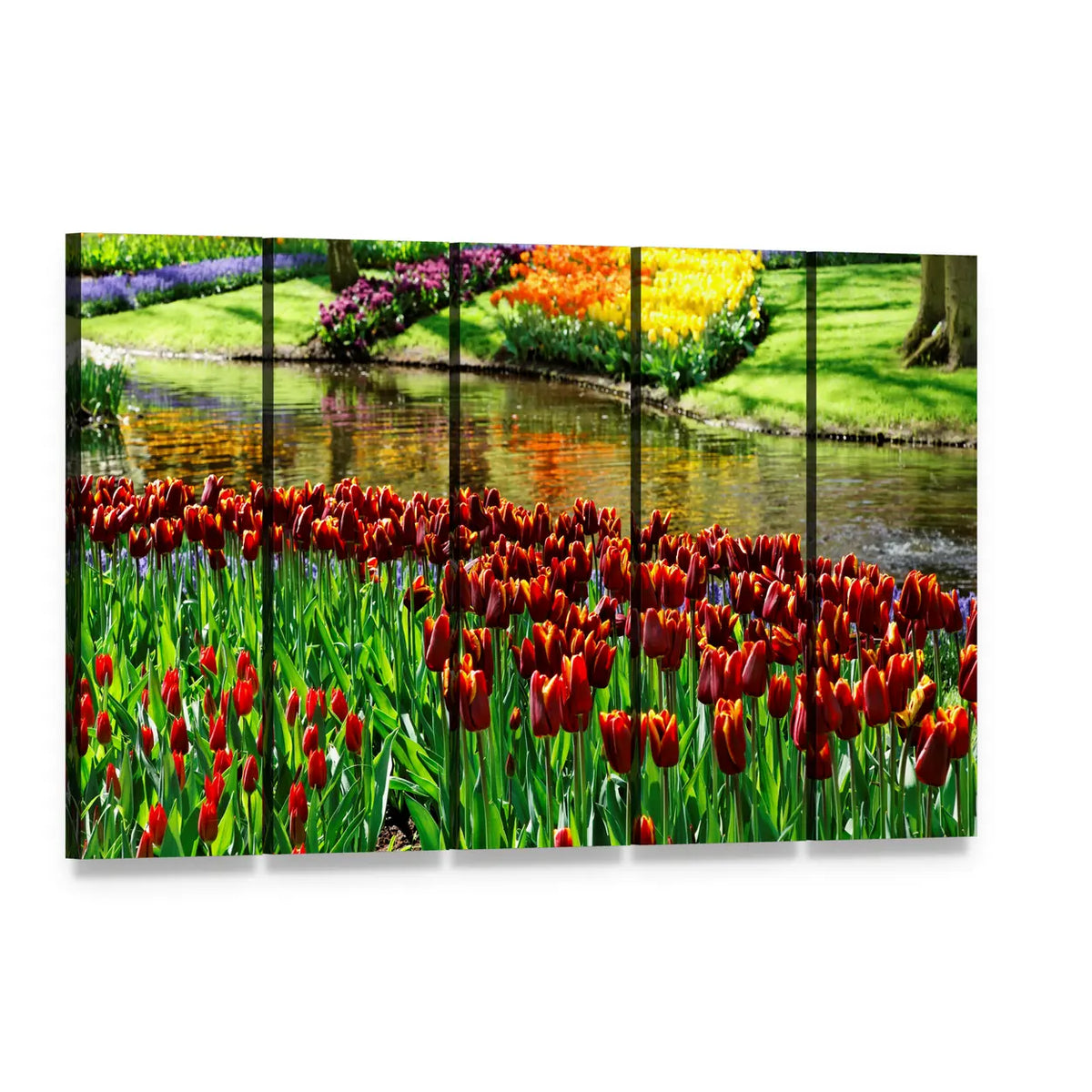 Colorful Keukenhof Tulip Garden Canvas Wall Art, 5 panel 5 Horizontal layout gallery wrapped canvas set, angled product view