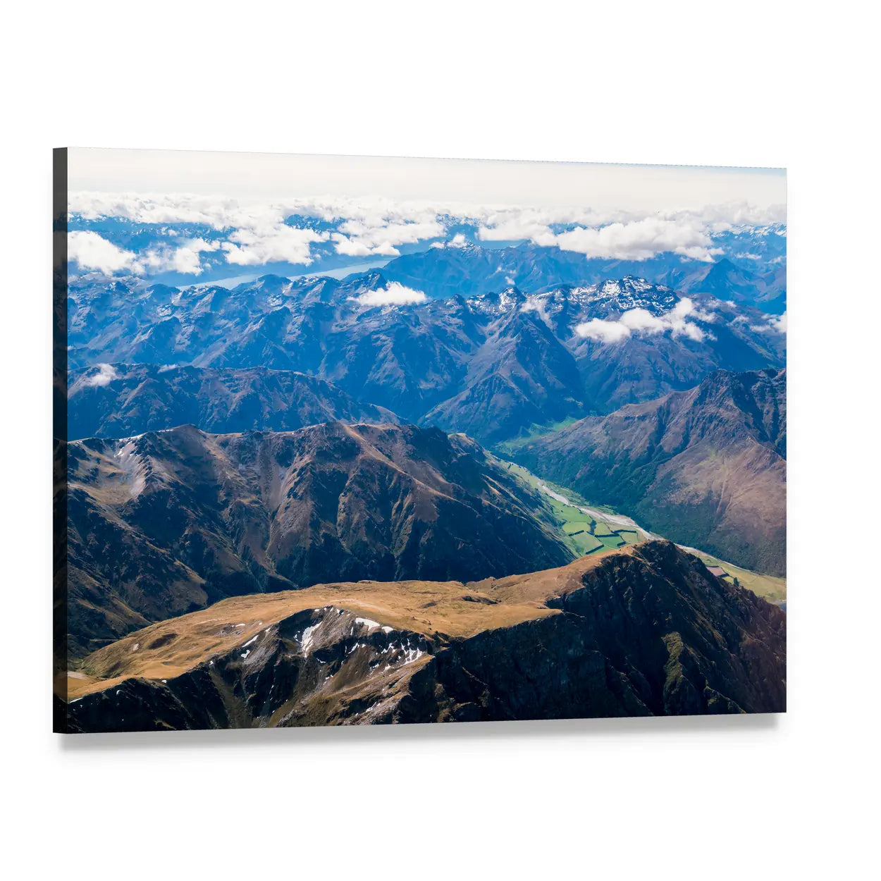 Aerial Mountain Valley with Winding River Canvas Wall Art, single panel gallery wrapped canvas, angled product view