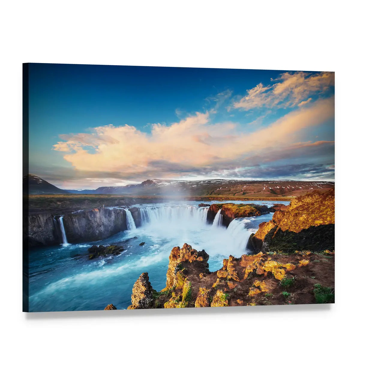Godafoss Waterfall at Sunset Canvas Wall Art, single panel gallery wrapped canvas, angled product view
