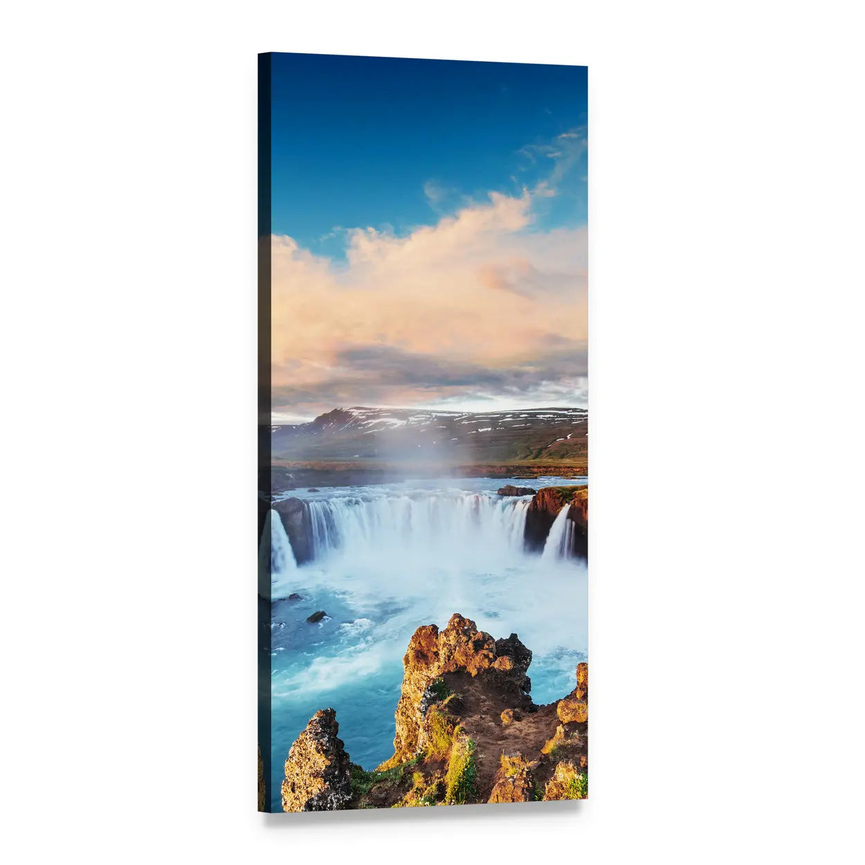 Godafoss Waterfall at Sunset Vertical Canvas Wall Art, 1 panel 1 Vertical layout gallery wrapped canvas set, angled product view