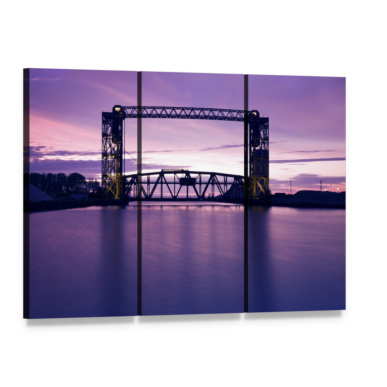 Ohio Lift Bridge at Dusk Canvas Wall Art, 3 panel 3 Horizontal layout gallery wrapped canvas set, angled product view