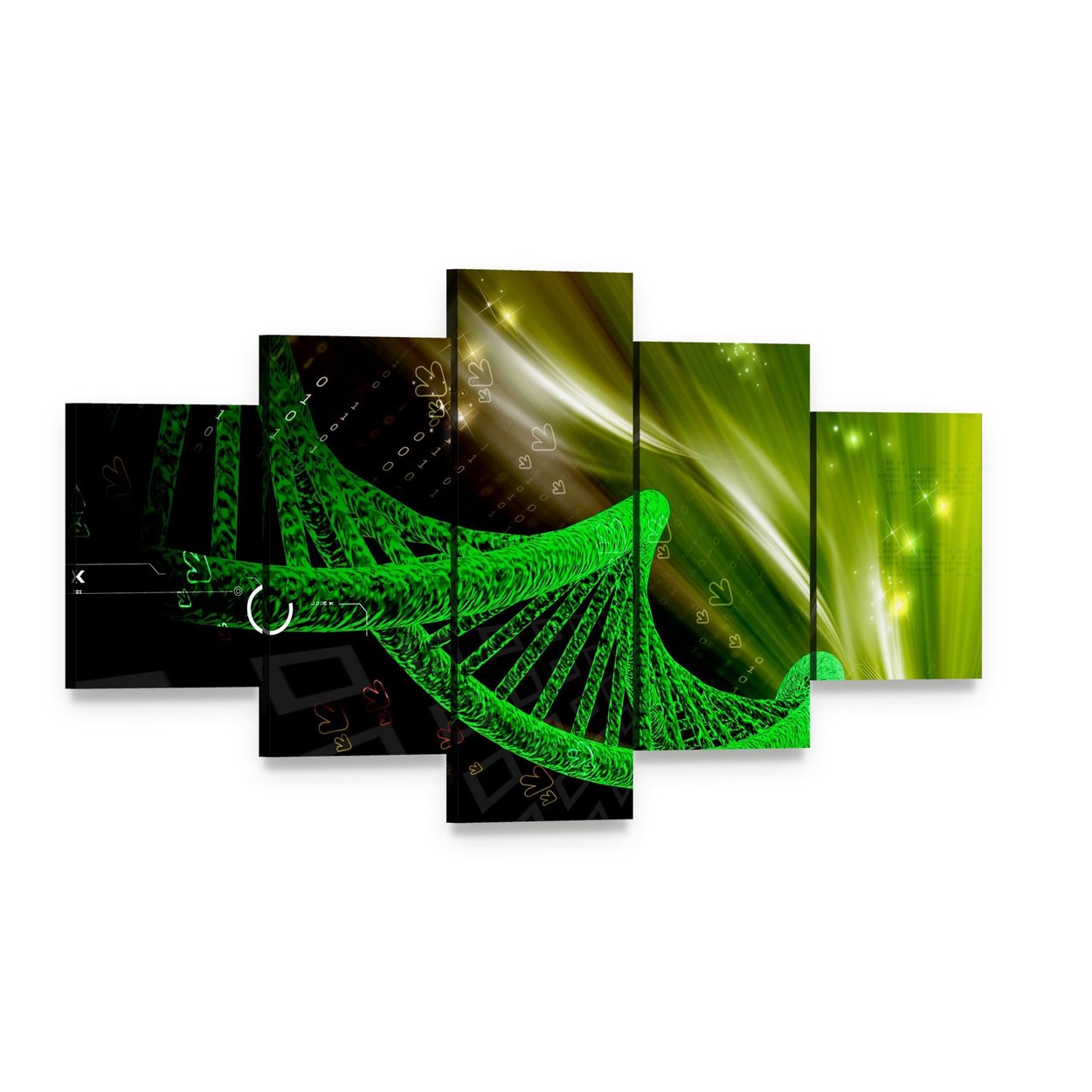 Glowing Green Dna Helix with Binary Code Canvas Wall Art, 5 panel 5 Star layout gallery wrapped canvas set, angled product view