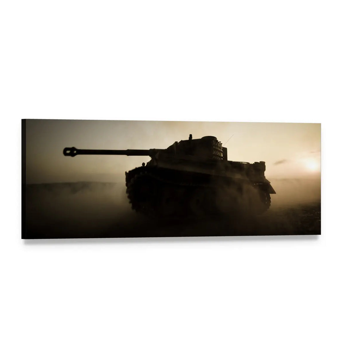 Tiger I Tank Silhouette at Sunset Panoramic Canvas Wall Art, single panel gallery wrapped canvas, angled product view