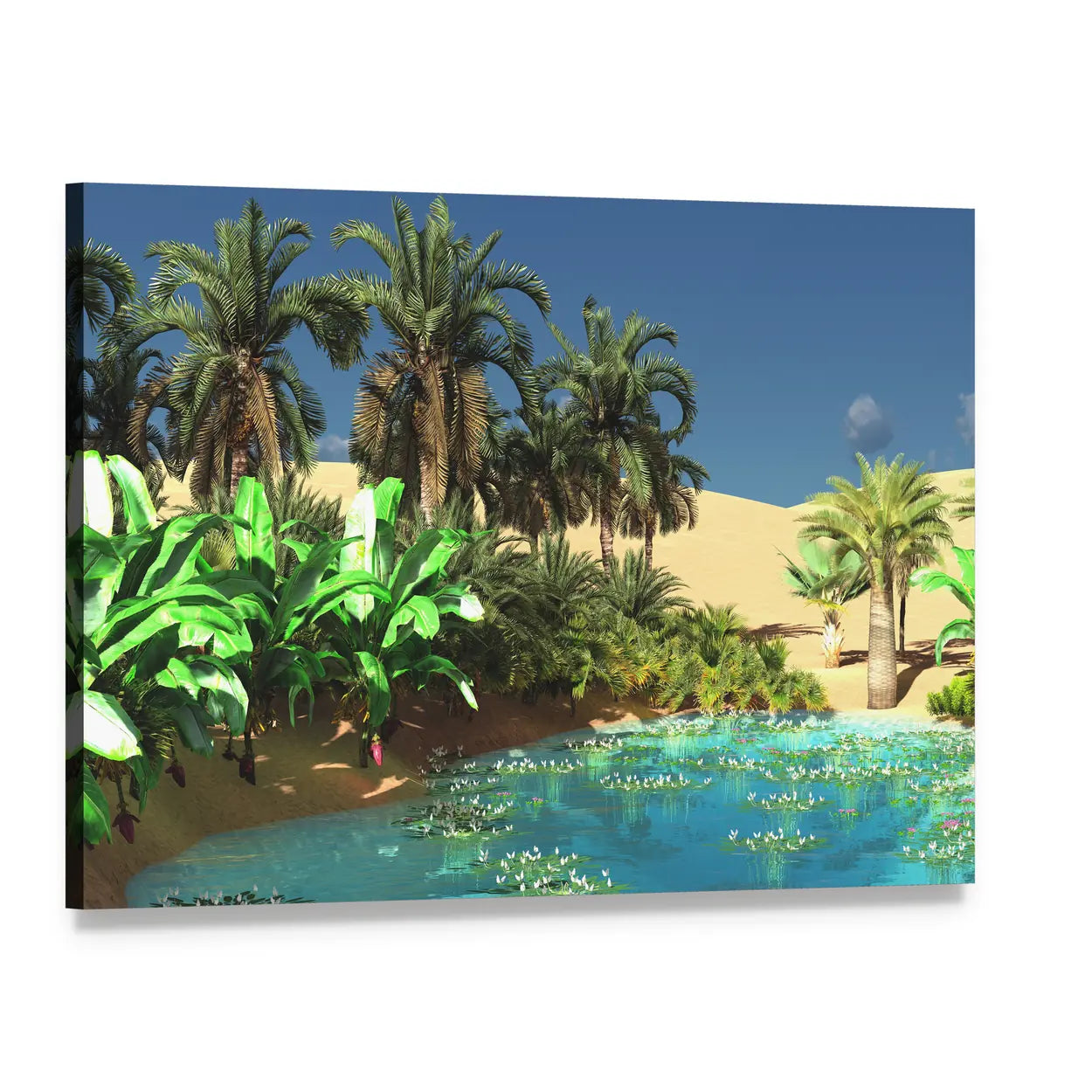 Tropical Oasis with Palm Trees and Lily Pads Canvas Wall Art, single panel gallery wrapped canvas, angled product view
