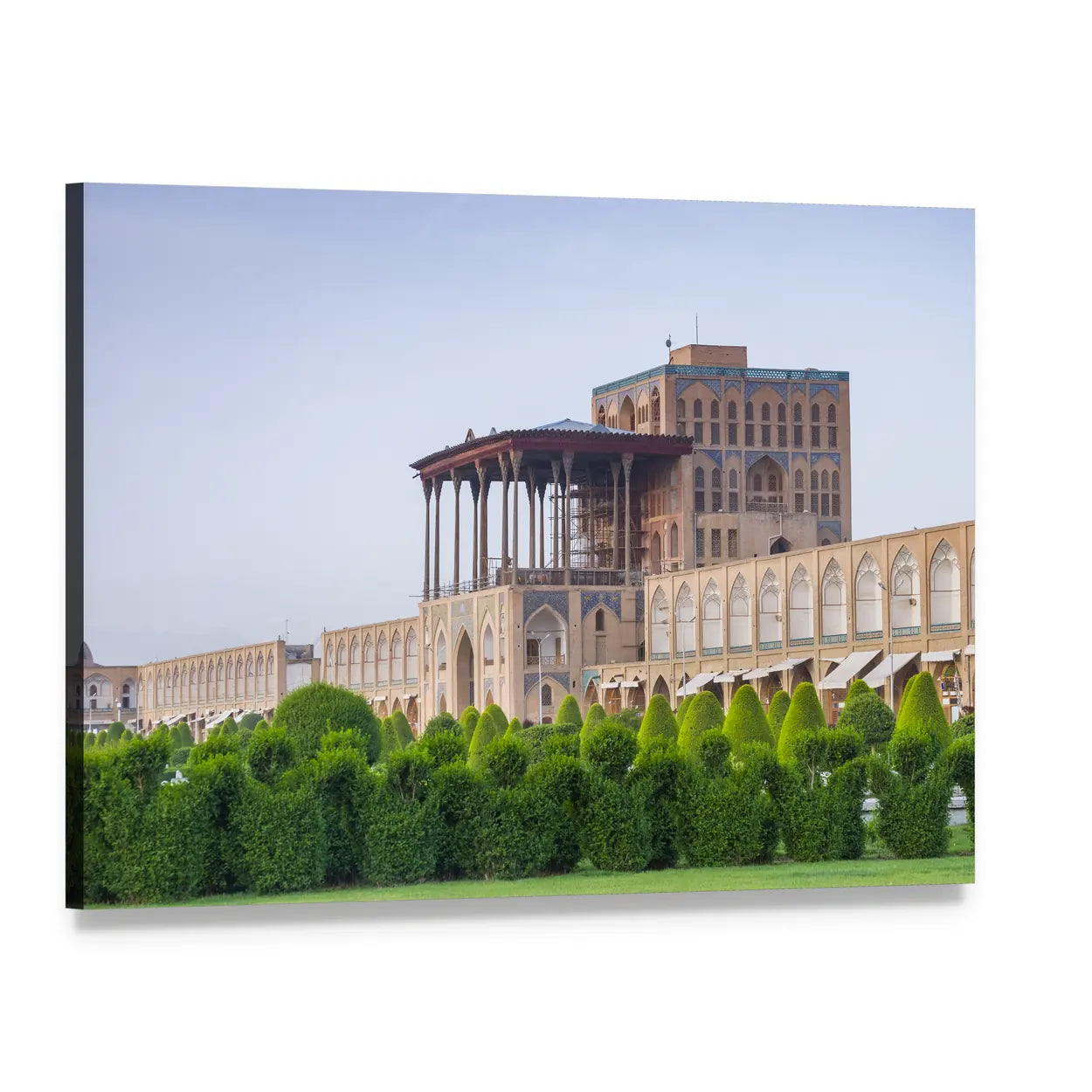 Aali Qapu Palace Facade and Garden Canvas Wall Art, single panel gallery wrapped canvas, angled product view