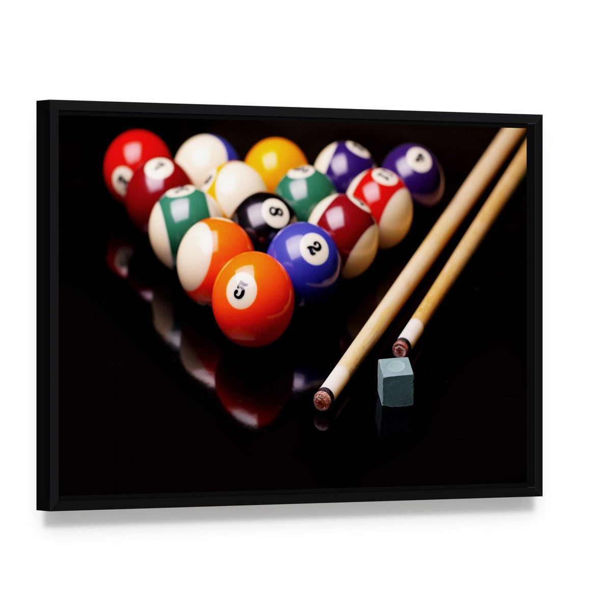 Snooker Equipment Canvas Wall Art, framed canvas in a black floater frame, angled product view