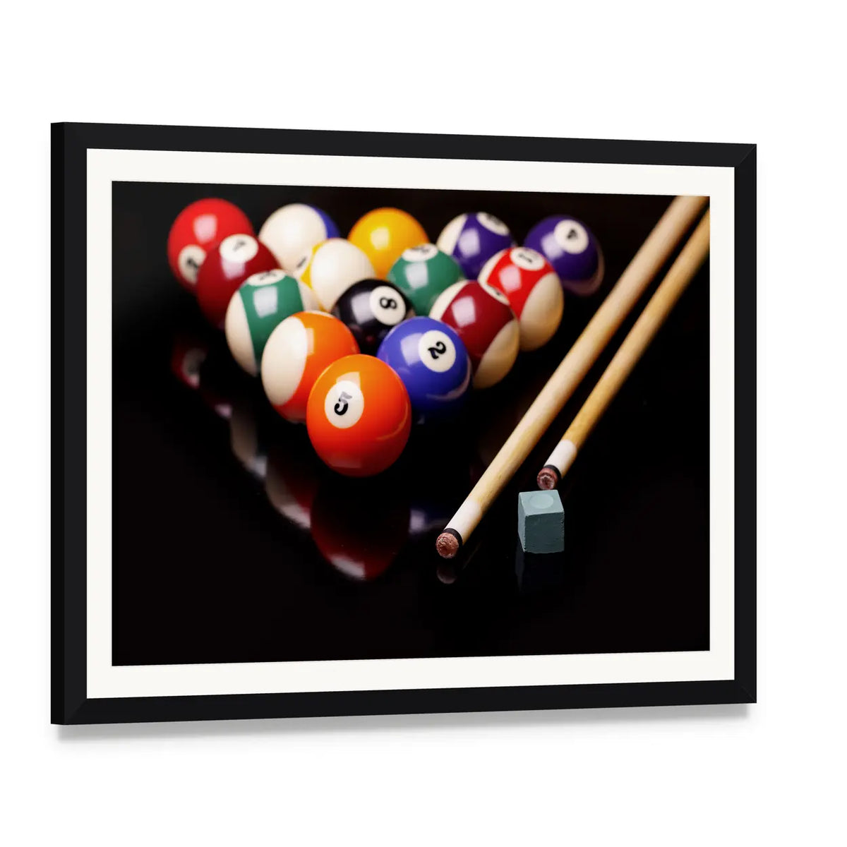 Snooker Balls, Cues, and Chalk Canvas Wall Art, framed print with white mat and black frame, angled product view