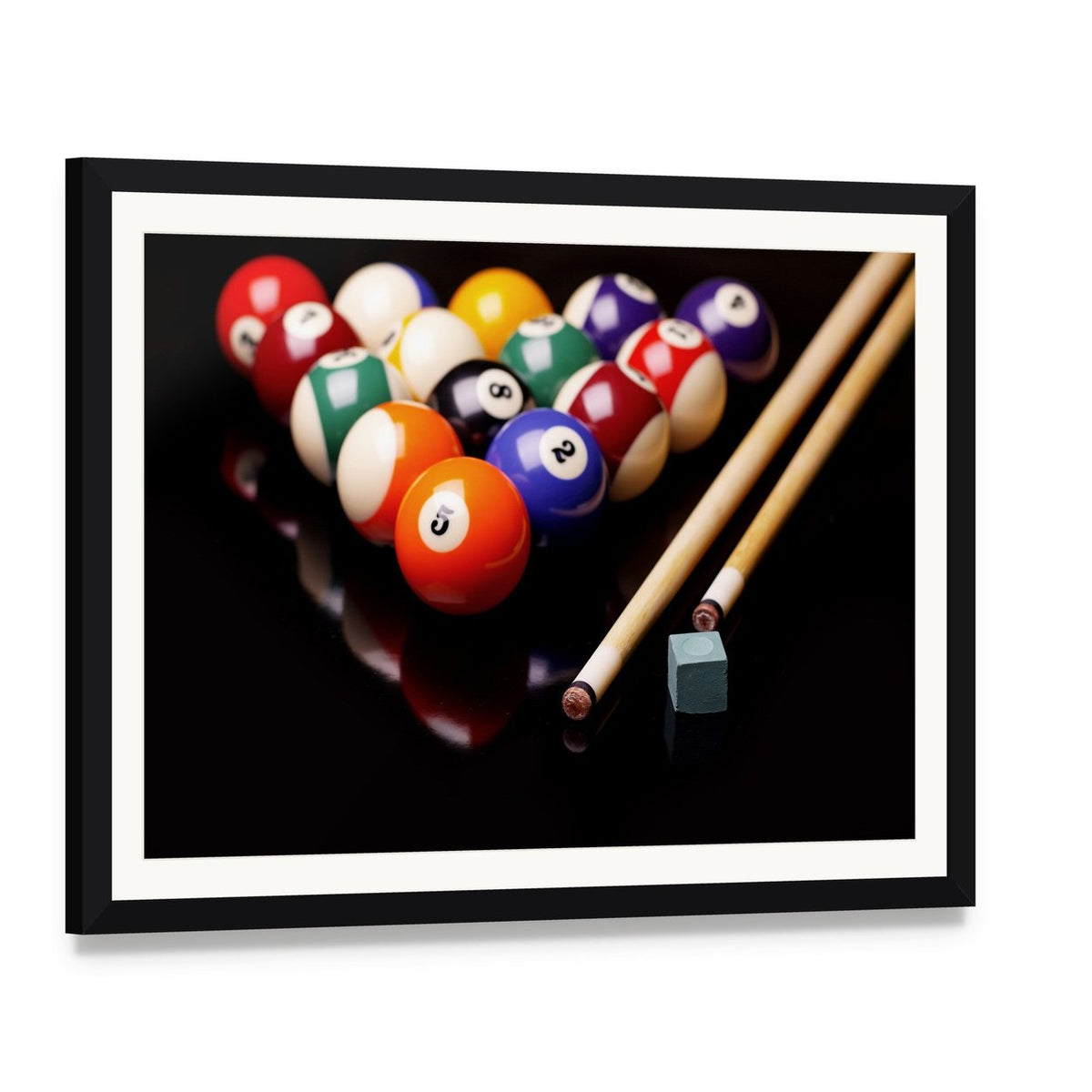 Snooker Equipment Canvas Wall Art, framed print with white mat and black frame, angled product view
