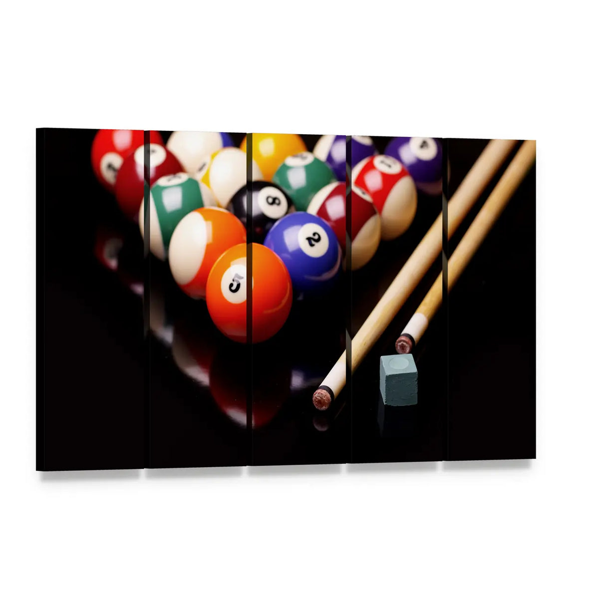 Snooker Balls, Cues, and Chalk Canvas Wall Art, 5 panel 5 Horizontal layout gallery wrapped canvas set, angled product view