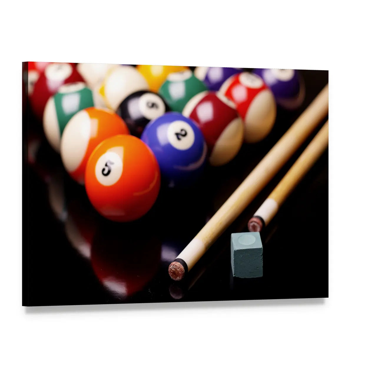 Close-up Billiard Balls and Cues Canvas Wall Art, single panel gallery wrapped canvas, angled product view