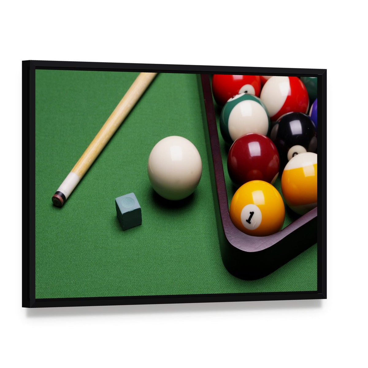 Billiard Equipment Canvas Wall Art, framed canvas in a black floater frame, angled product view