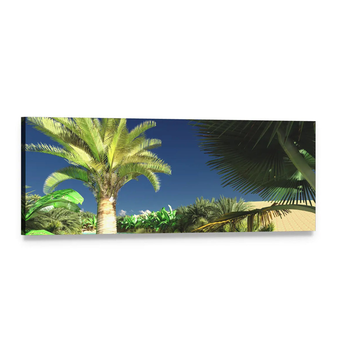 Tropical Arabic Beach Scene Panoramic Canvas Wall Art, single panel gallery wrapped canvas, angled product view