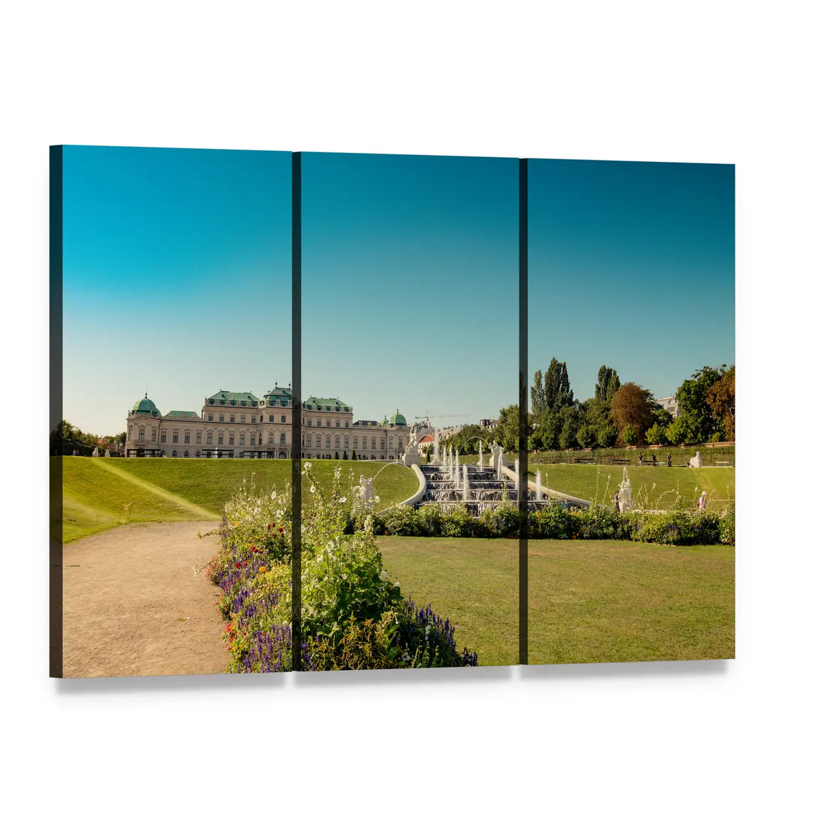 Fountain at Belvedere Garden Canvas Wall Art, 3 panel 3 Horizontal layout gallery wrapped canvas set, angled product view