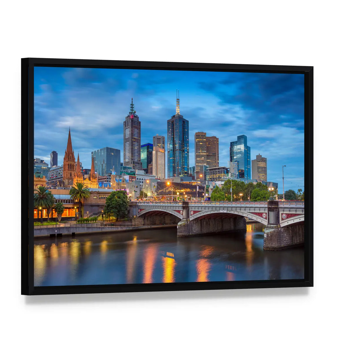 Melbourne Blue Hour Skyline at Twilight Canvas Wall Art, framed canvas in a black floater frame, angled product view