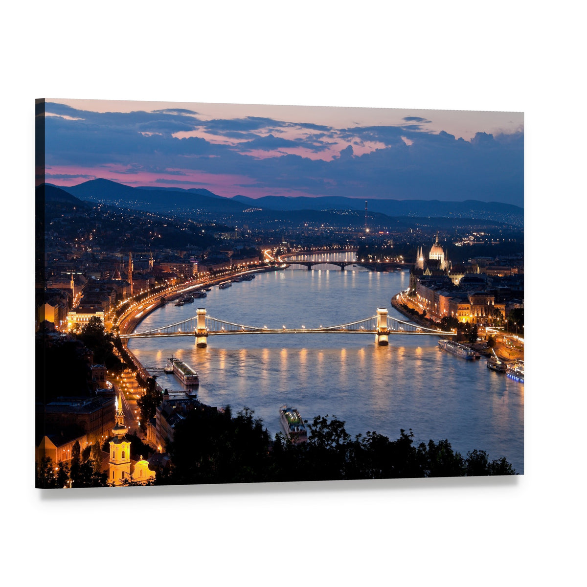 Budapest City Skyline at Night Canvas Wall Art, single panel gallery wrapped canvas, angled product view
