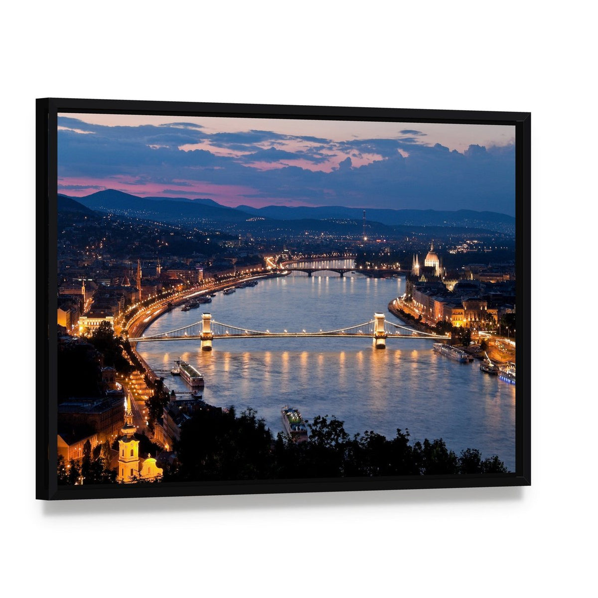 Budapest City Skyline at Night Canvas Wall Art, framed canvas in a black floater frame, angled product view