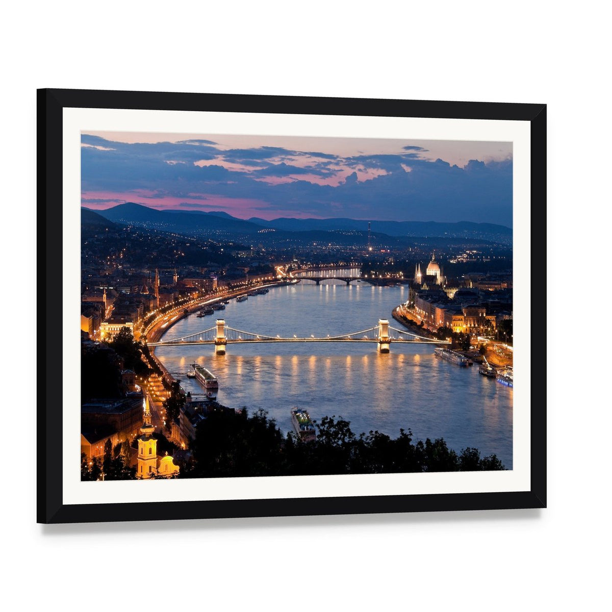 Budapest City Skyline at Night Canvas Wall Art, framed print with white mat and black frame, angled product view