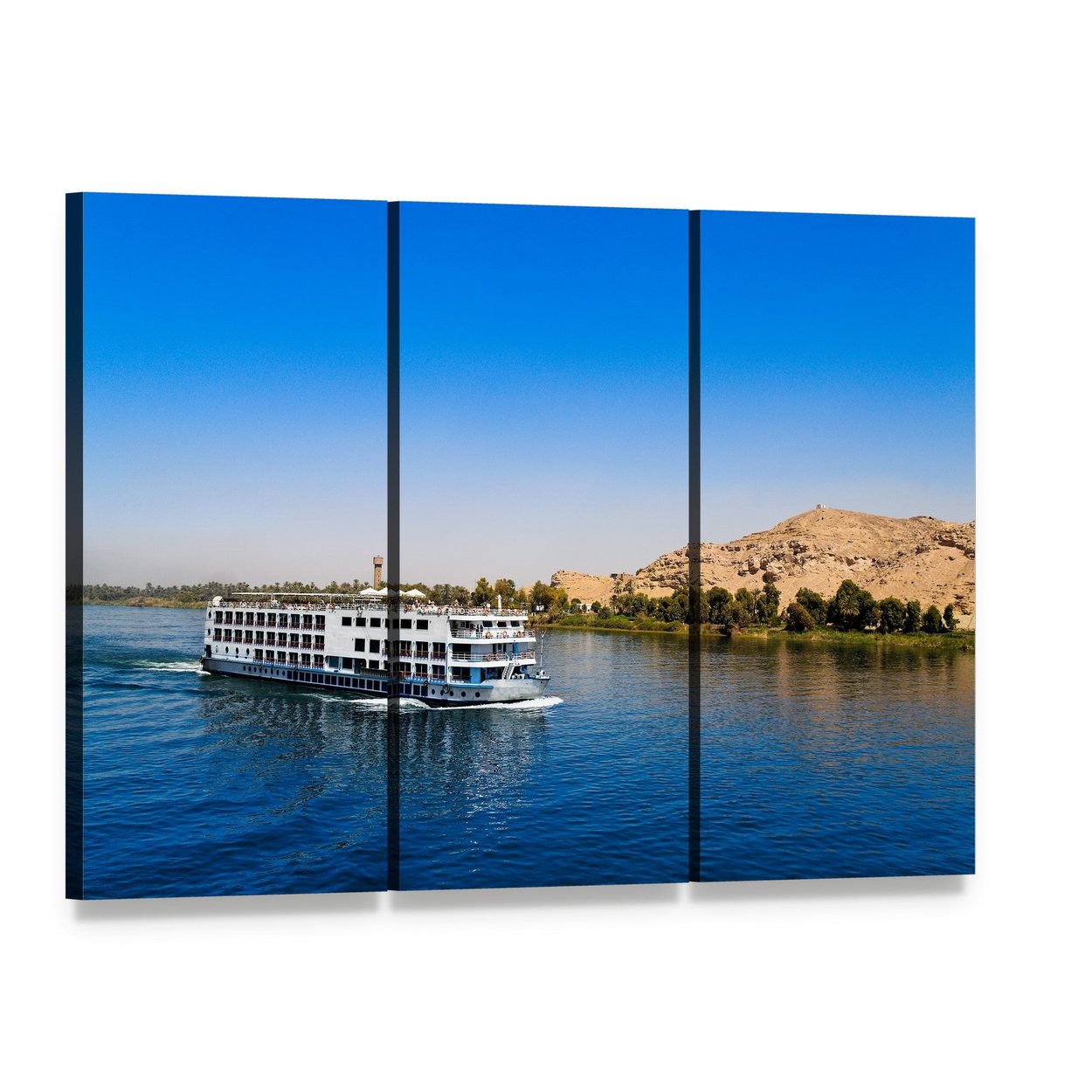 River Cruise on the Nile Canvas Wall Art, 3 panel 3 Horizontal layout gallery wrapped canvas set, angled product view