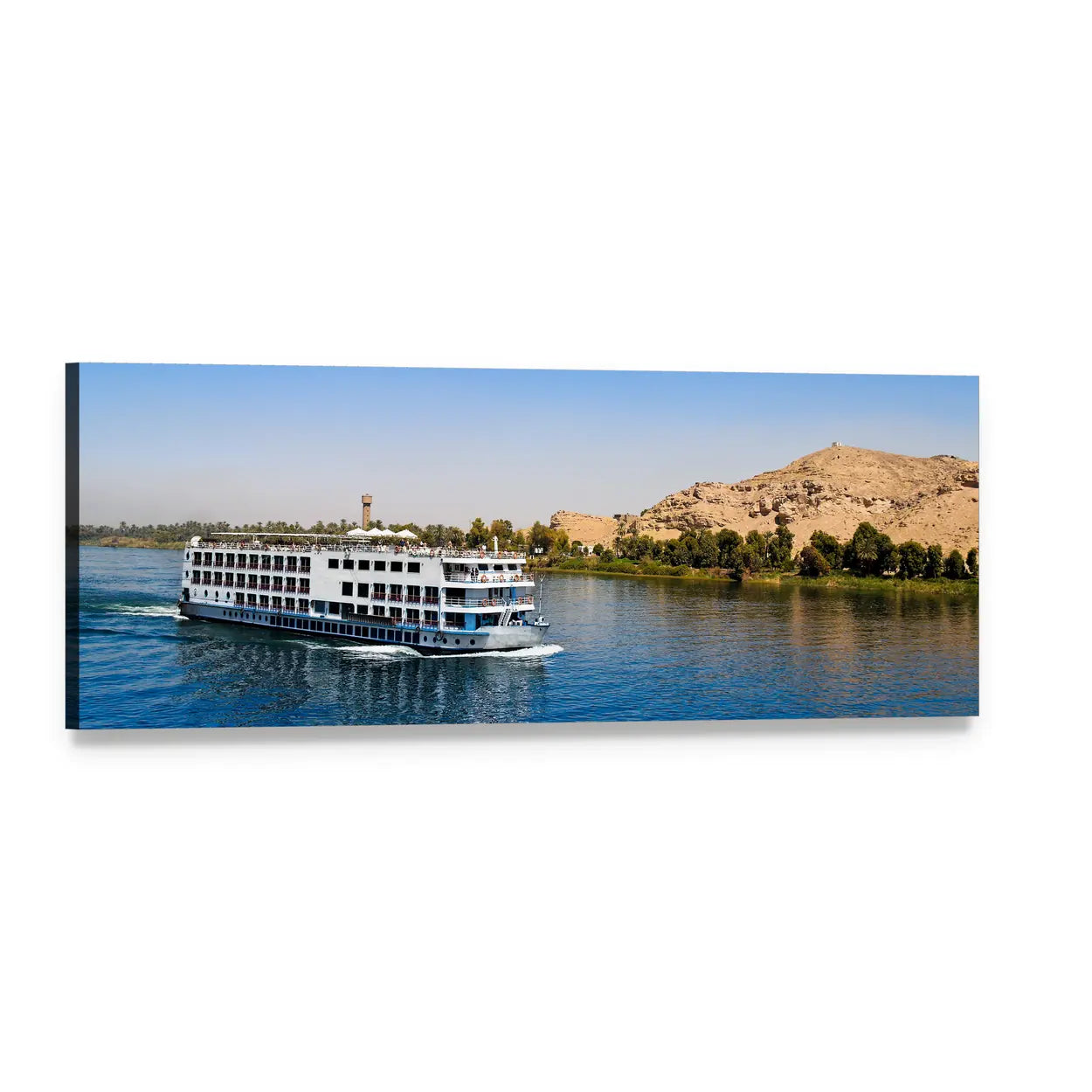 Sunny River Nile Cruise Panoramic Canvas Wall Art, single panel gallery wrapped canvas, angled product view