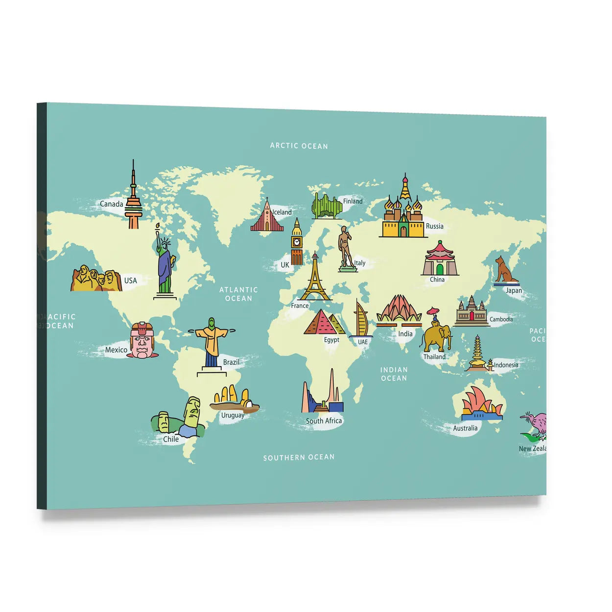 Illustrated World Map with Famous Landmarks Canvas Wall Art, single panel gallery wrapped canvas, angled product view