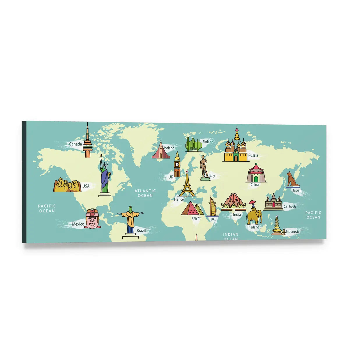 World Map with Famous Landmarks Panoramic Canvas Wall Art, single panel gallery wrapped canvas, angled product view