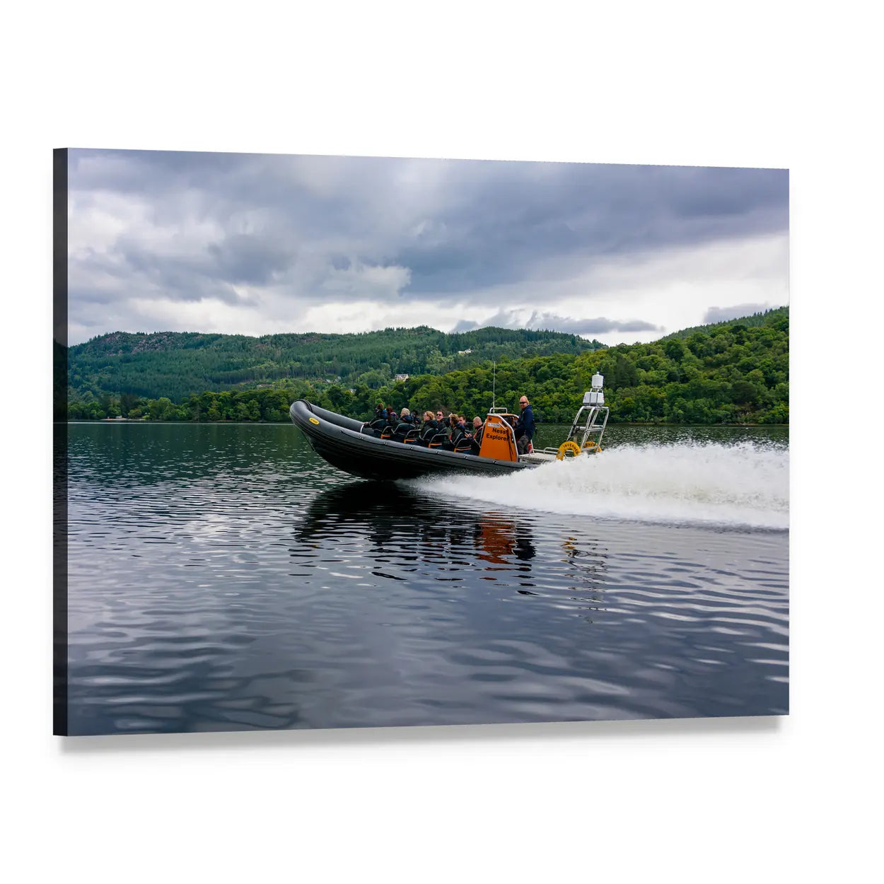 Tourists Speedboating on Loch Ness Canvas Wall Art, single panel gallery wrapped canvas, angled product view