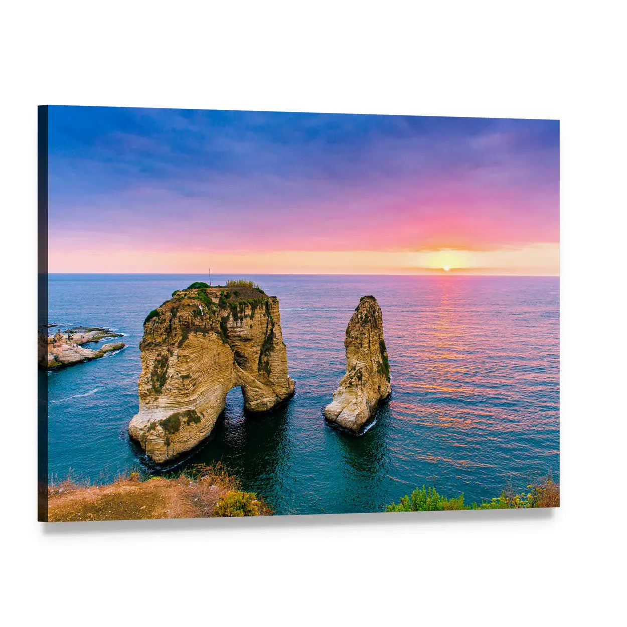 Pigeons on Coastal Rock at Sunset Canvas Wall Art, single panel gallery wrapped canvas, angled product view