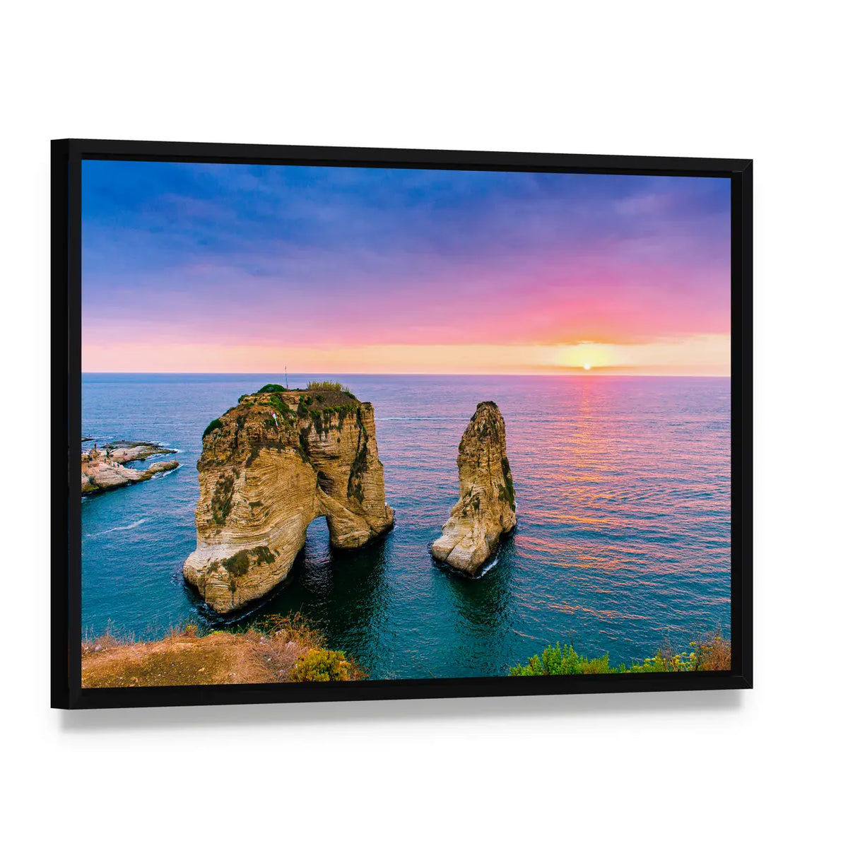 Pigeons on Coastal Rock at Sunset Canvas Wall Art, framed canvas in a black floater frame, angled product view