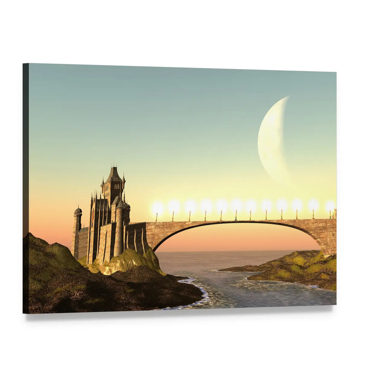 Moravian Castle with Crescent Moon Canvas Wall Art, single panel gallery wrapped canvas, angled product view