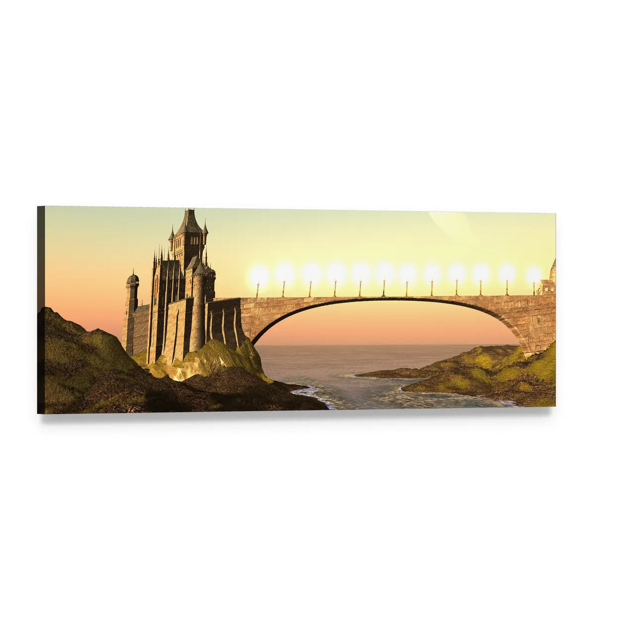 Moravian Castle with Arched Bridge at Sunset Panoramic Canvas Wall Art, single panel gallery wrapped canvas, angled product view