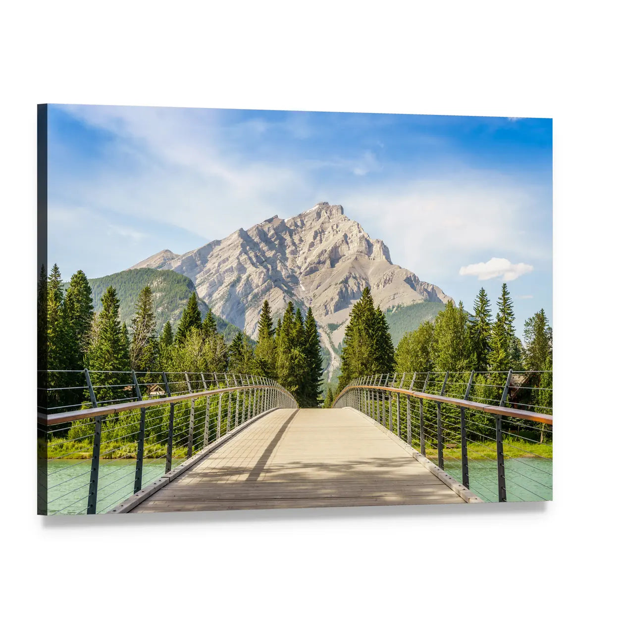 Footbridge Over Bow River Canvas Wall Art, single panel gallery wrapped canvas, angled product view