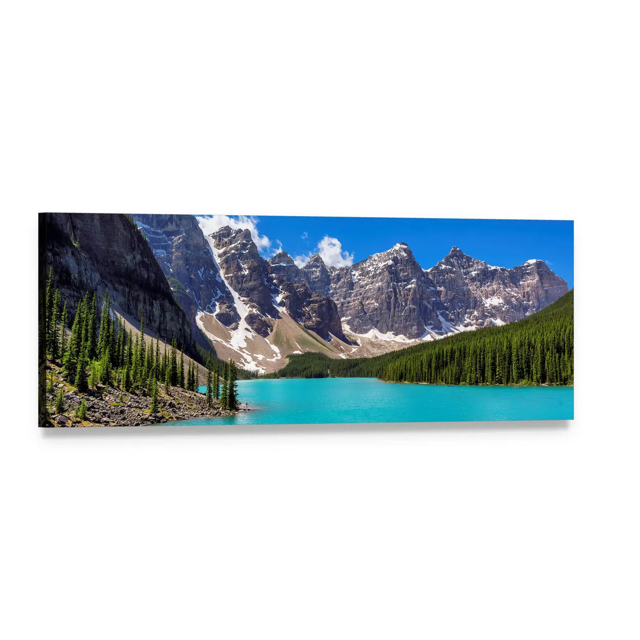 Turquoise Water of Moraine Lake Panoramic Canvas Wall Art, single panel gallery wrapped canvas, angled product view