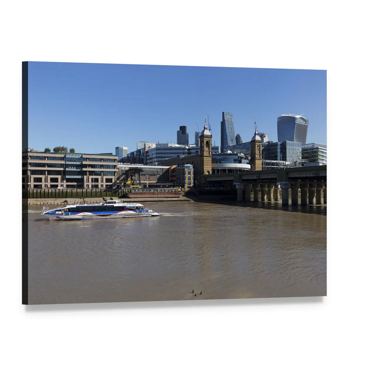 Boat on the Thames River Canvas Wall Art, single panel gallery wrapped canvas, angled product view