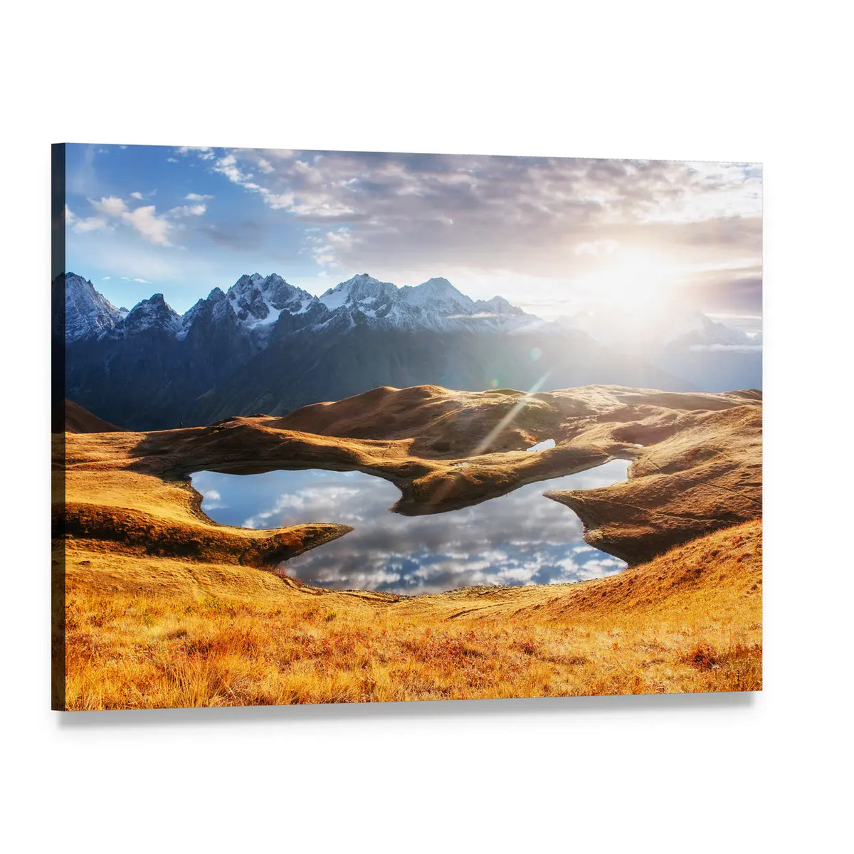 Golden Alpine Lake at Sunset Canvas Wall Art, single panel gallery wrapped canvas, angled product view