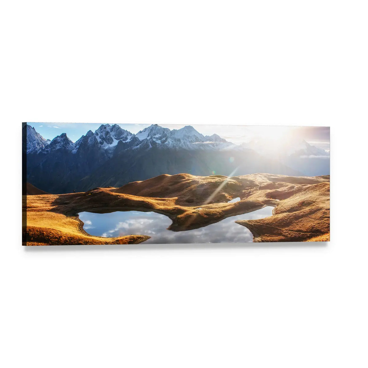 Sunset on Koruldi Mountain Lake Panoramic Canvas Wall Art, single panel gallery wrapped canvas, angled product view