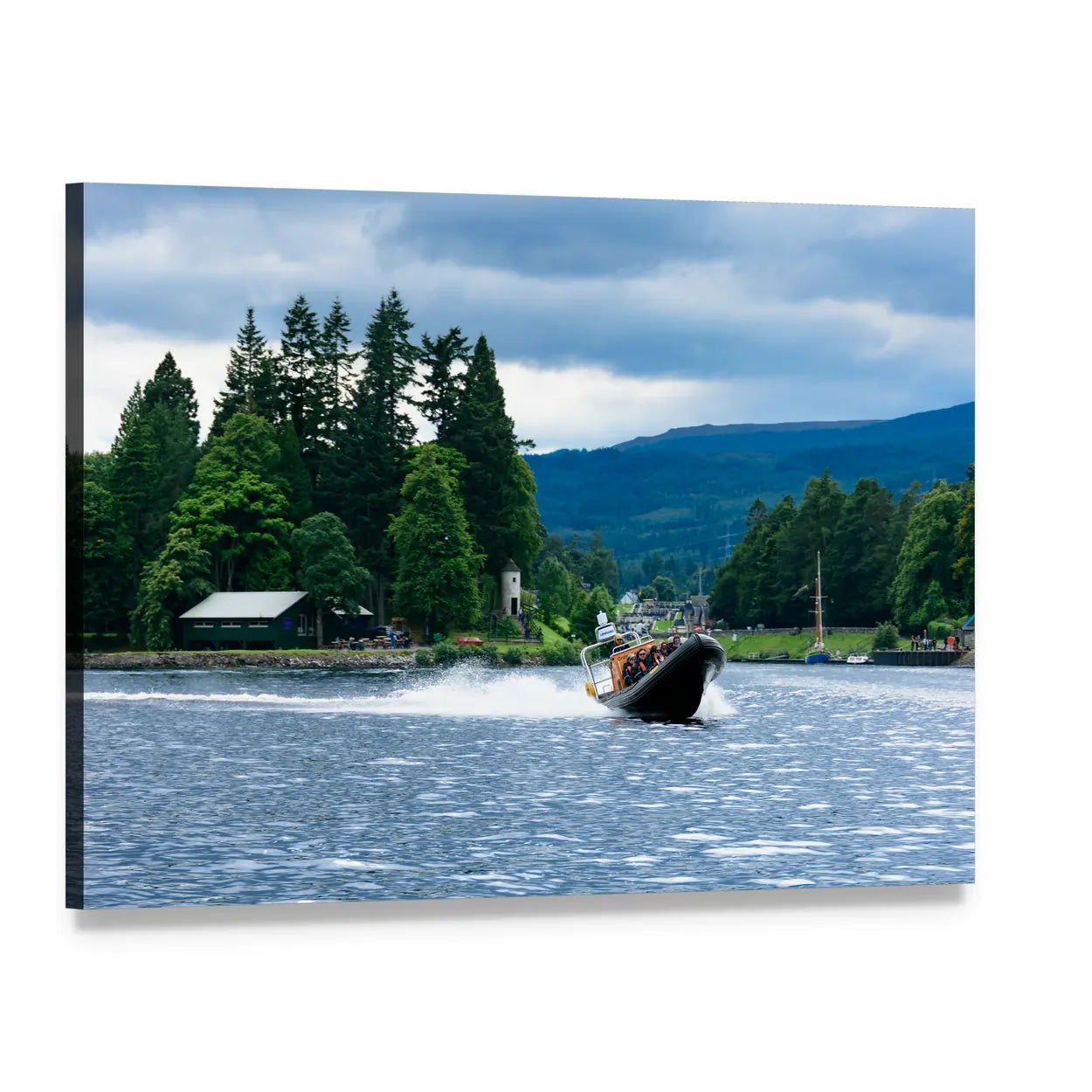 Loch Ness Boat and Mountain View Canvas Wall Art, single panel gallery wrapped canvas, angled product view