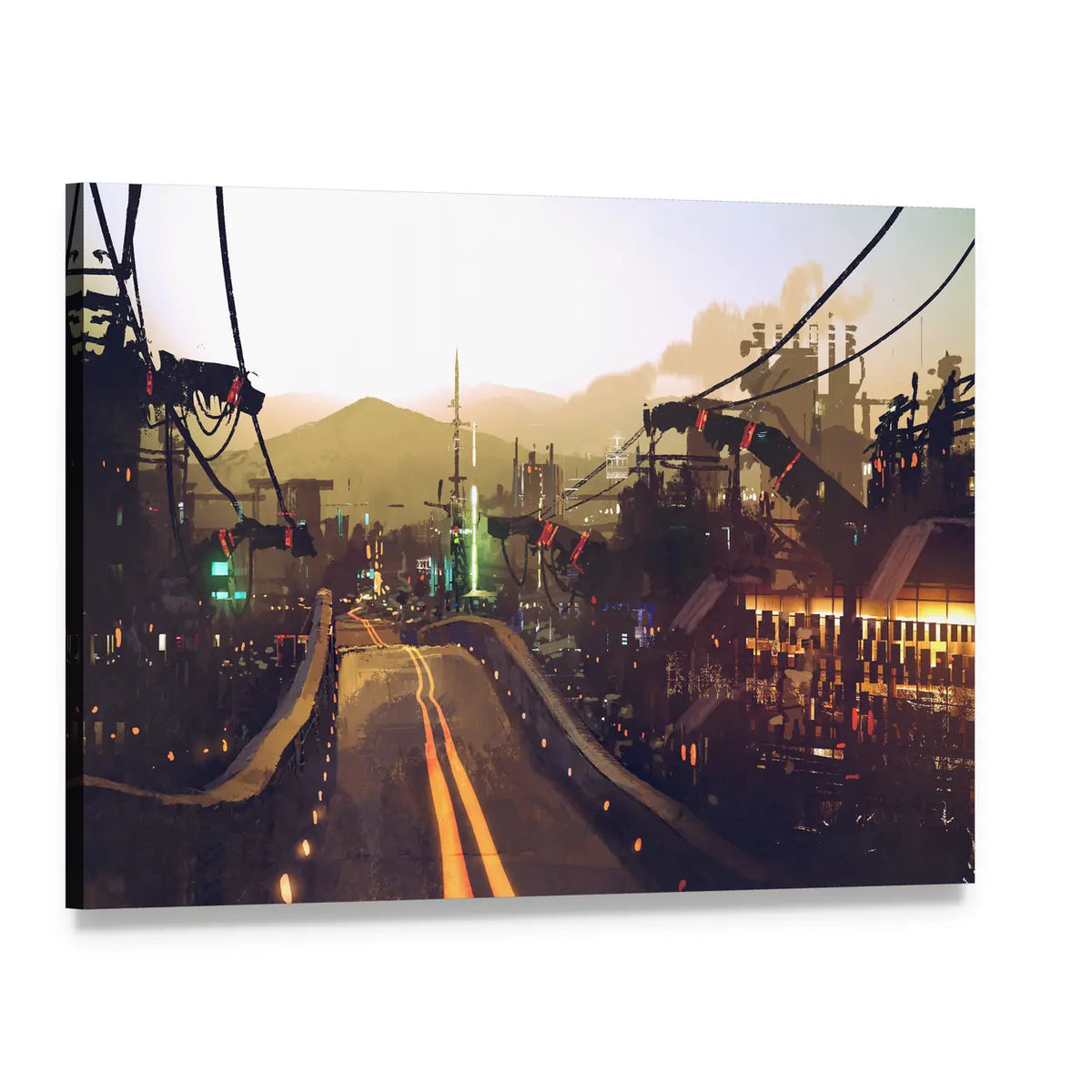Futuristic Highway at Dusk Canvas Wall Art, single panel gallery wrapped canvas, angled product view