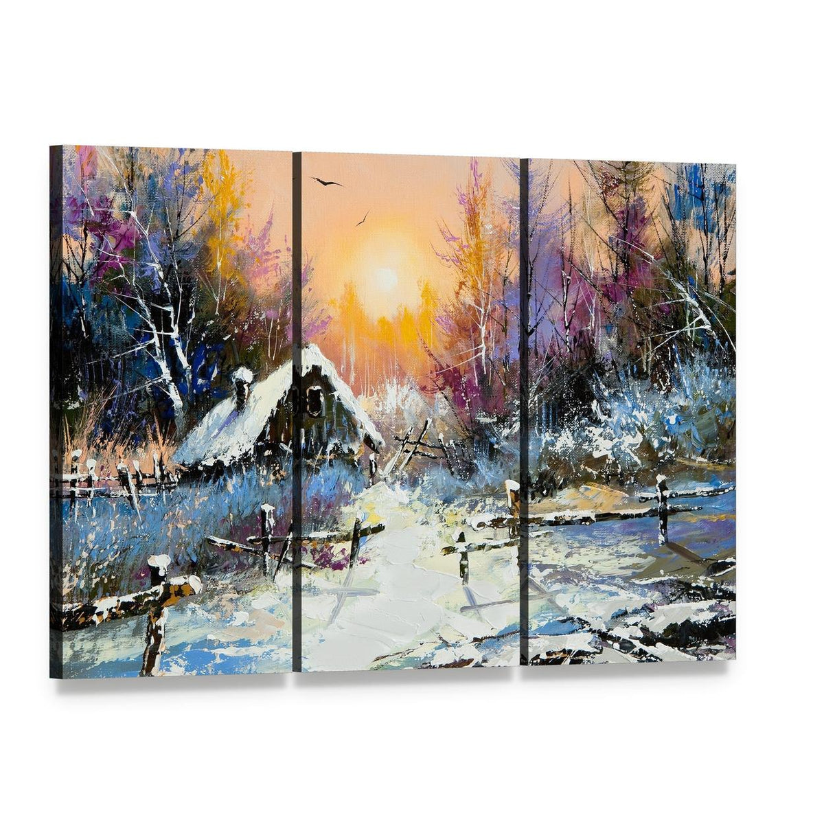Winter Cabin at Sunset Canvas Wall Art, 3 panel 3 Horizontal layout gallery wrapped canvas set, angled product view
