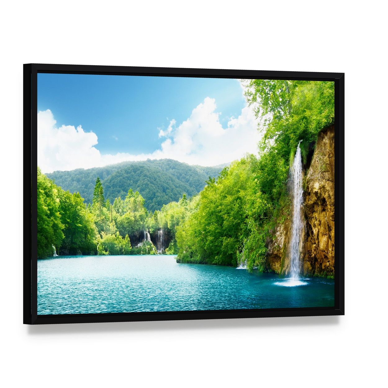 Waterfall in Deep Forest of Croatia Canvas Wall Art, framed canvas in a black floater frame, angled product view