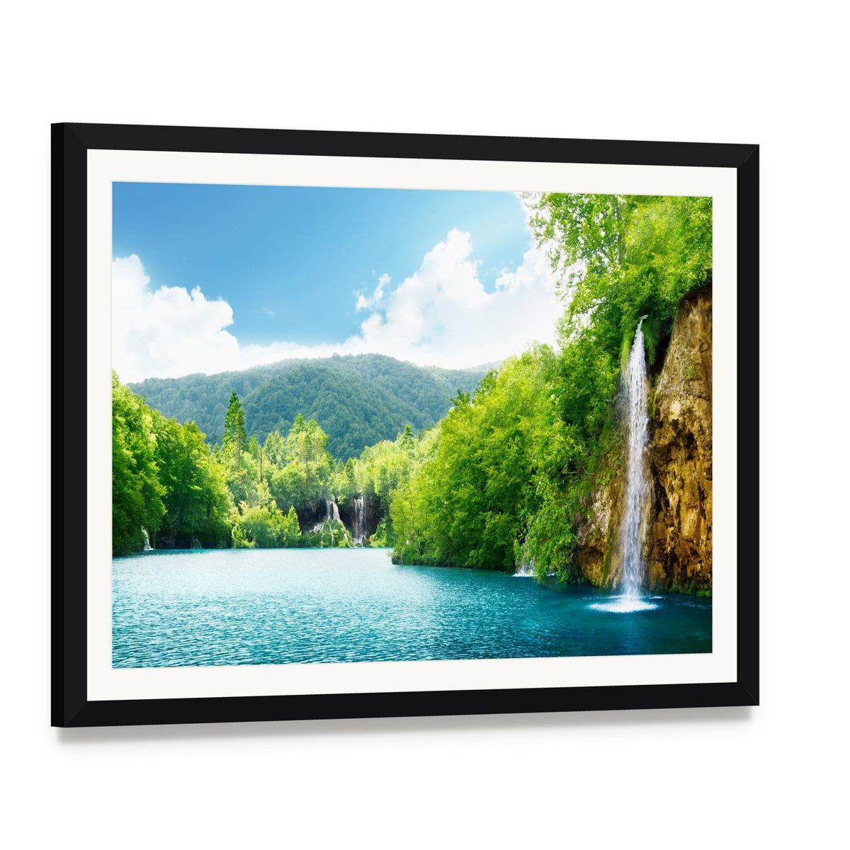 Waterfall in Deep Forest of Croatia Canvas Wall Art, framed print with white mat and black frame, angled product view