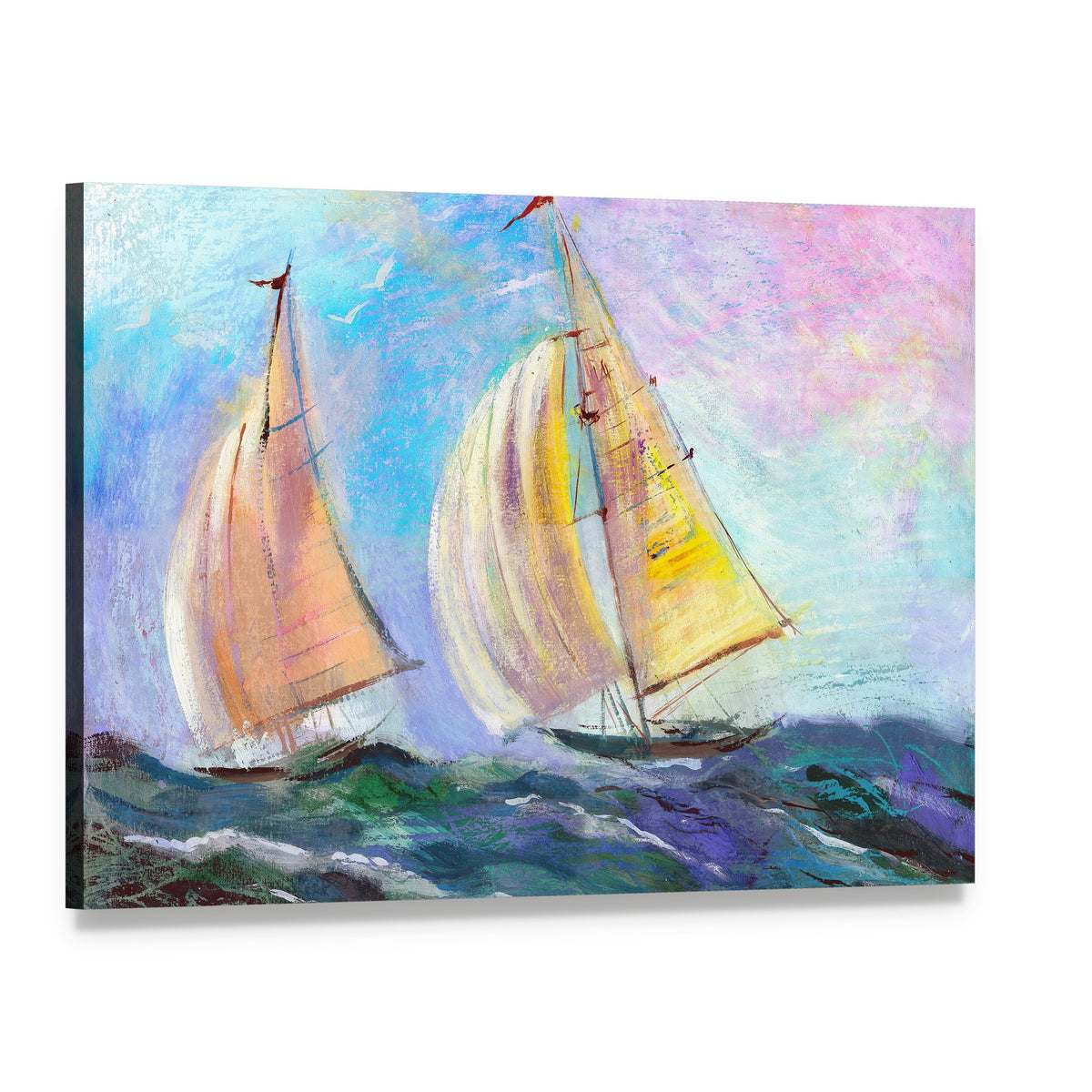 Two Sailboats on Blue Sea Canvas Wall Art, single panel gallery wrapped canvas, angled product view