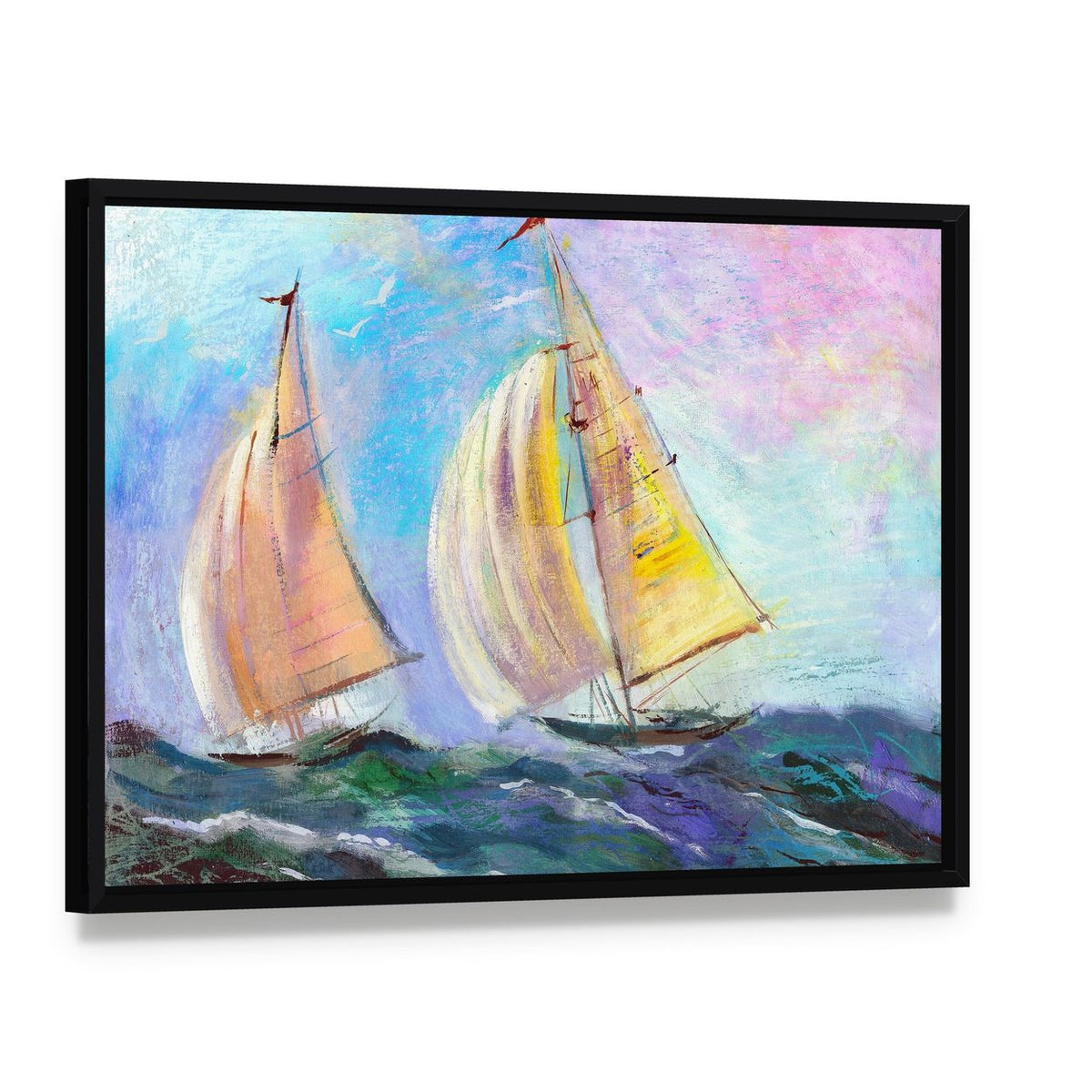 Two Sailboats on Blue Sea Canvas Wall Art, framed canvas in a black floater frame, angled product view