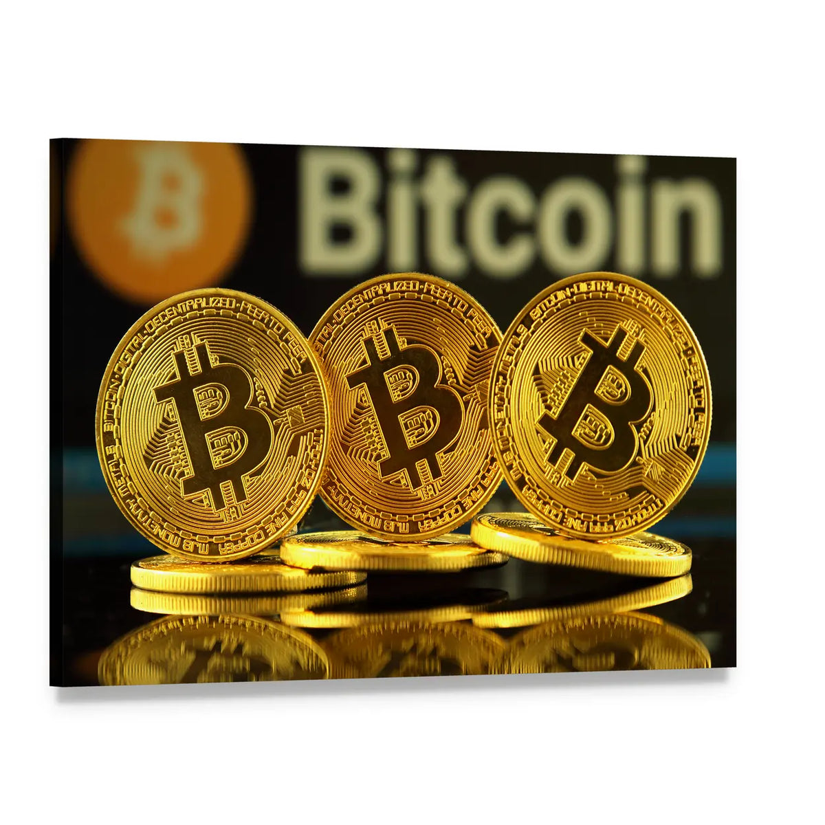 Macro Gold Bitcoin Coins Canvas Wall Art, single panel gallery wrapped canvas, angled product view