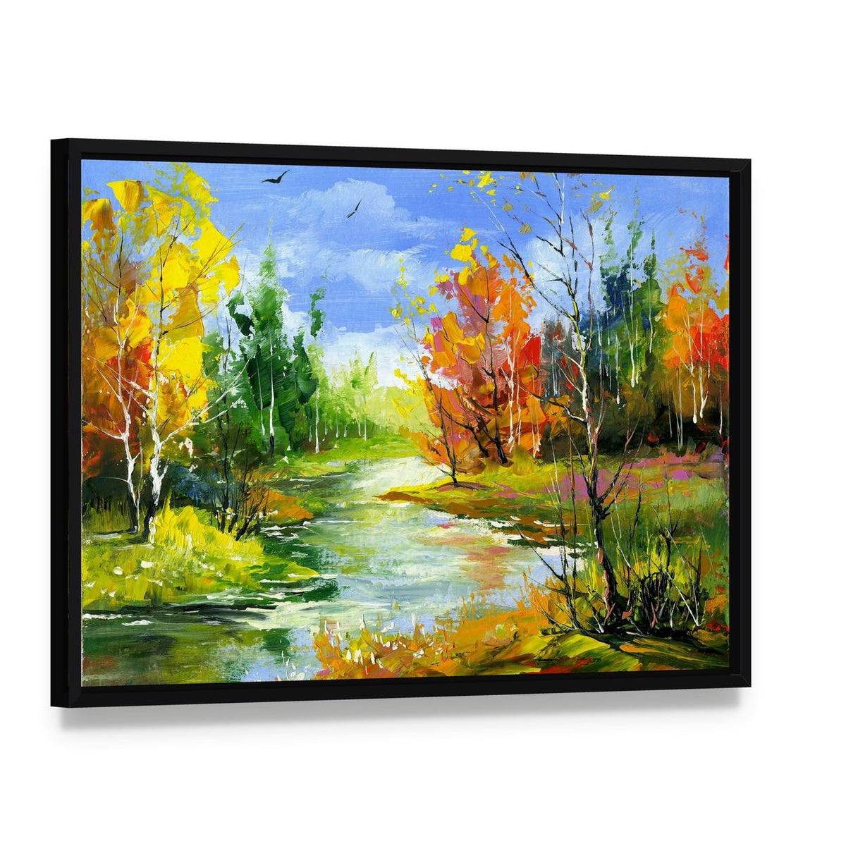 Autumn River Landscape Canvas Wall Art, framed canvas in a black floater frame, angled product view