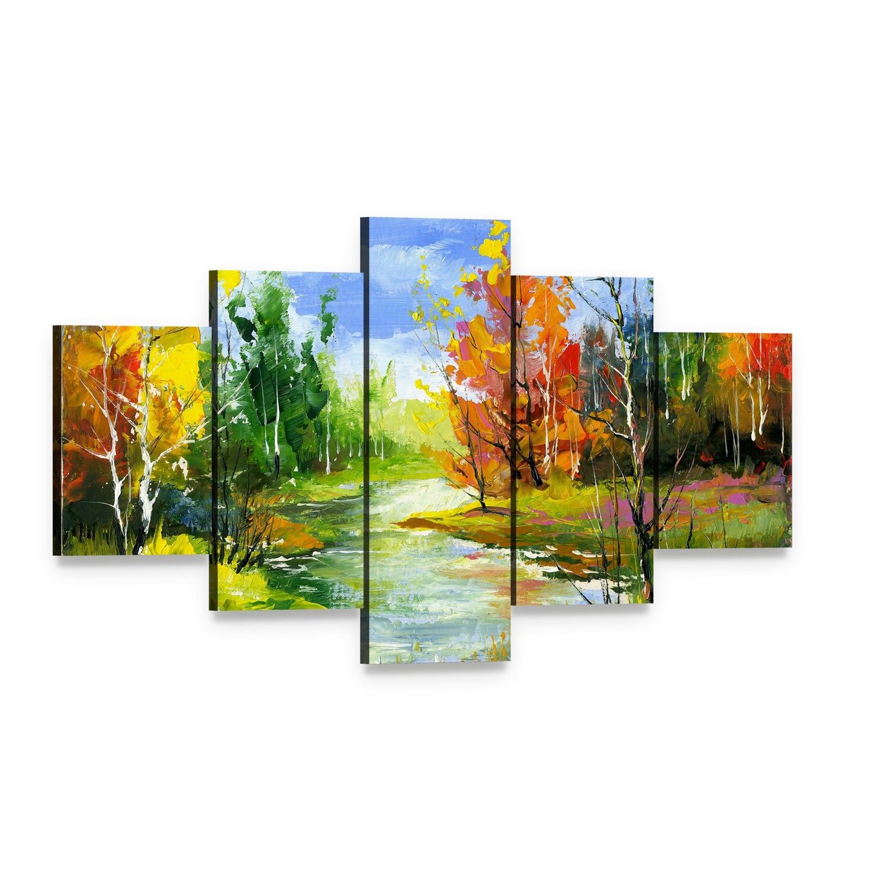 Autumn River Landscape Canvas Wall Art, 5 panel 5 Star layout gallery wrapped canvas set, angled product view