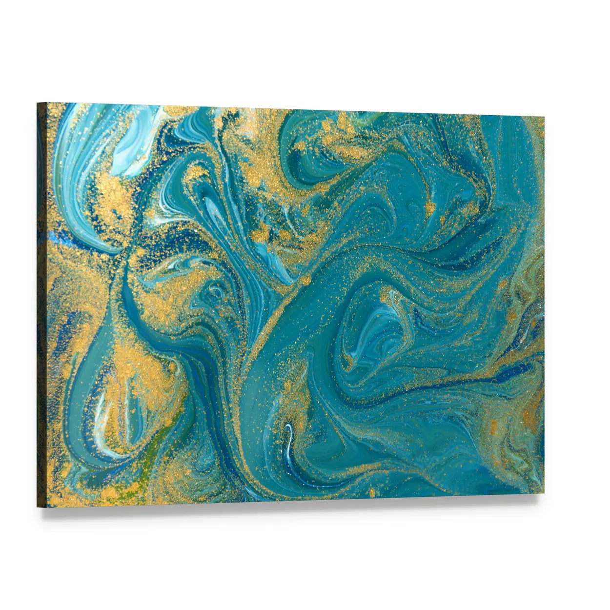 Teal Ink Marble with Gold Veins Canvas Wall Art, single panel gallery wrapped canvas, angled product view