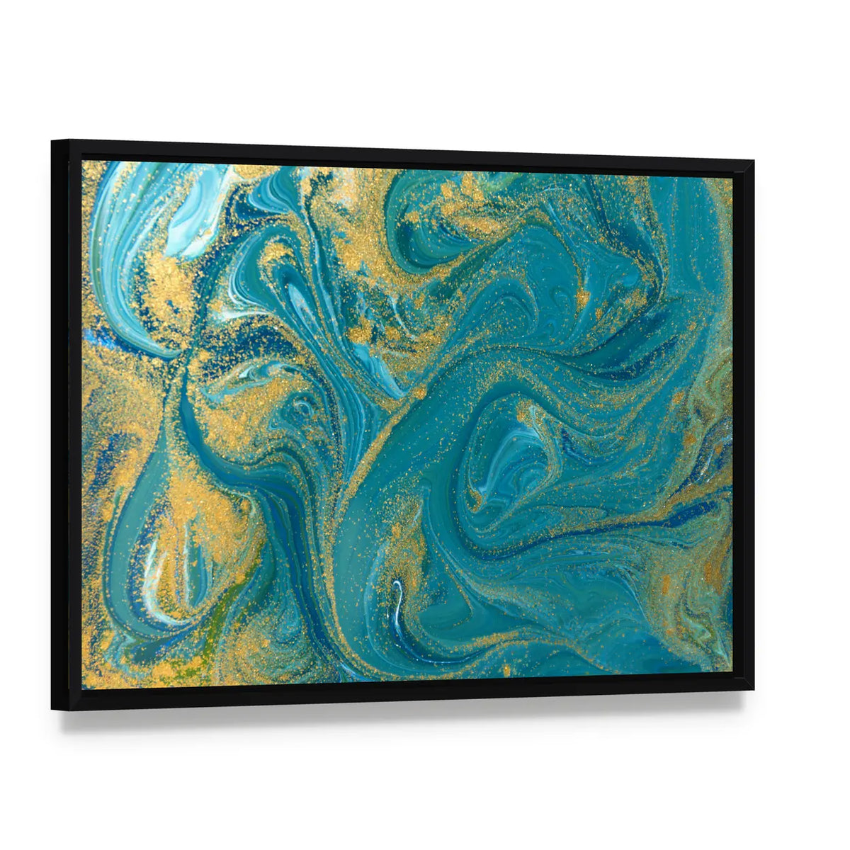 Teal Ink Marble with Gold Veins Canvas Wall Art, framed canvas in a black floater frame, angled product view