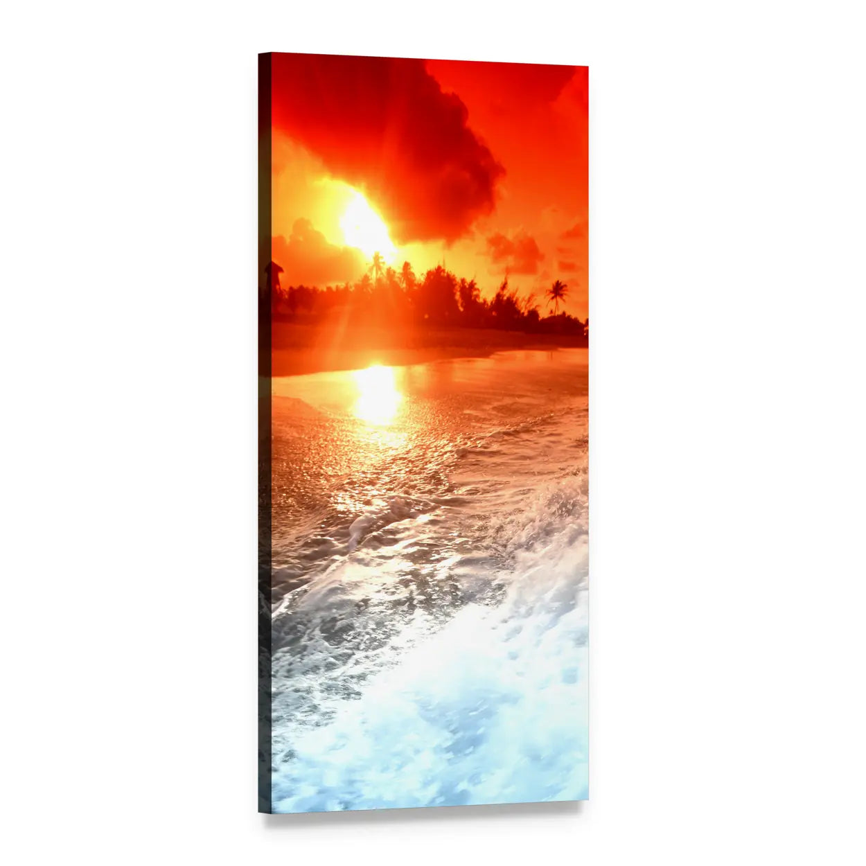 Tropical Sunrise Over Ocean Waves Vertical Canvas Wall Art, 1 panel 1 Vertical layout gallery wrapped canvas set, angled product view