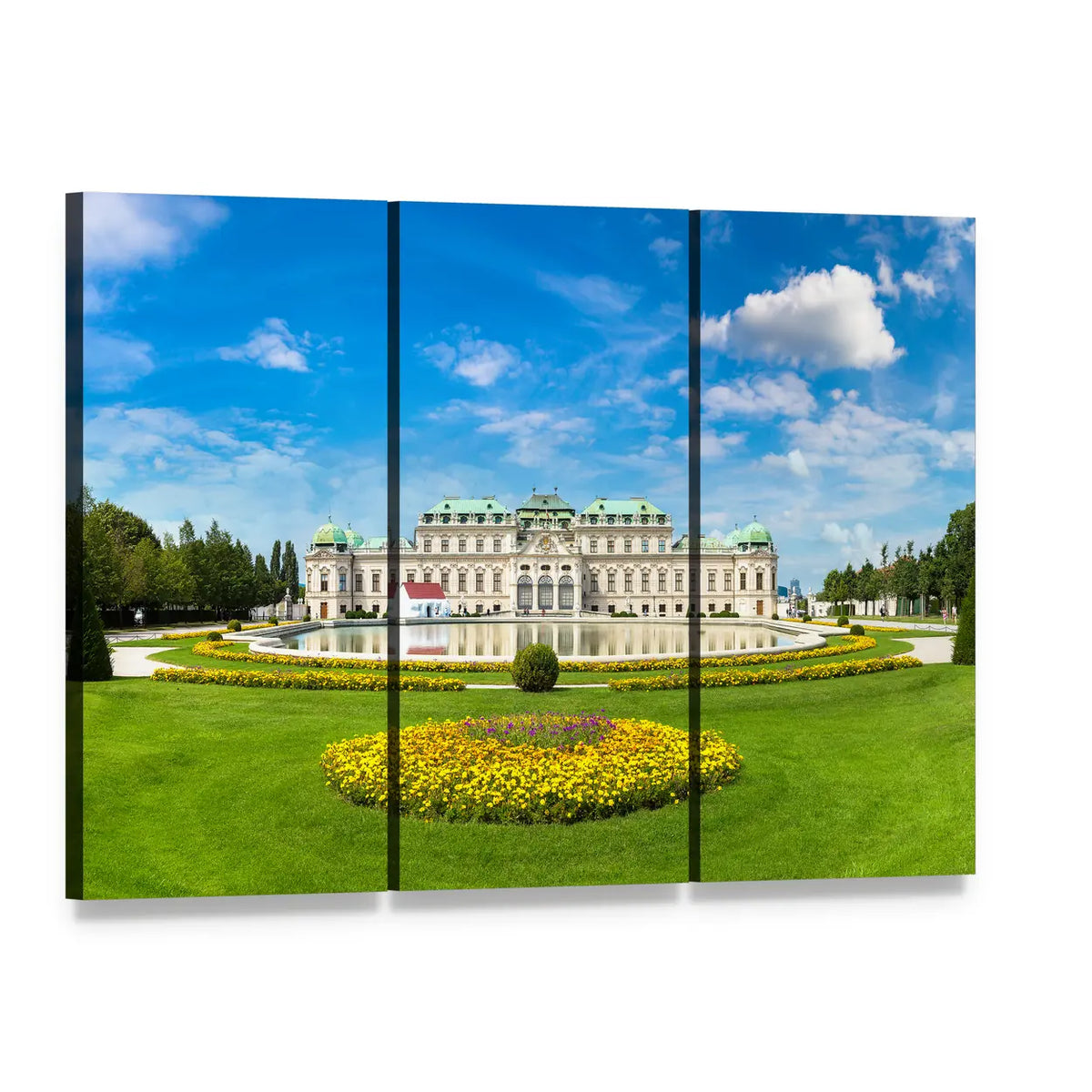 Belvedere Museum Gardens with Fountain Canvas Wall Art, 3 panel 3 Horizontal layout gallery wrapped canvas set, angled product view