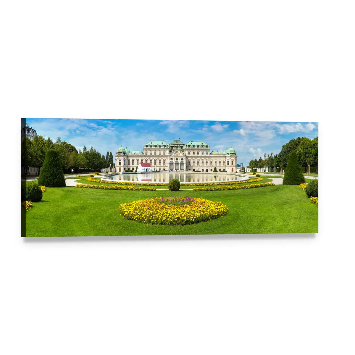 Belvedere Museum Reflecting Pool Panoramic Canvas Wall Art, single panel gallery wrapped canvas, angled product view